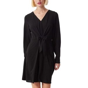 Vila Clothes Black Dress Fit & Flare Long Sleeve Bow Tie and Button Skirt Plunge